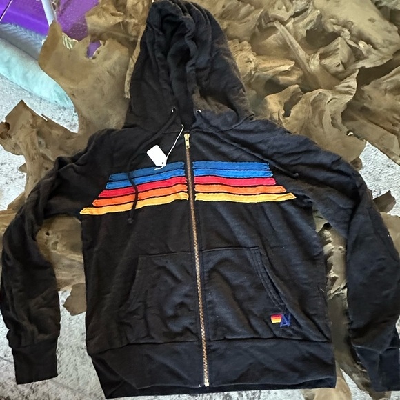 Aviator Nation Tops - RARE Aviator Nation 5 Stripe Zip Hoodie Black Rainbow NWT XS